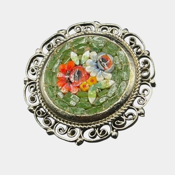 Unbranded Jewelry - Green Red Floral Italian Brooch Mosaic Tile Silver Filigree Border Unsigned Pin